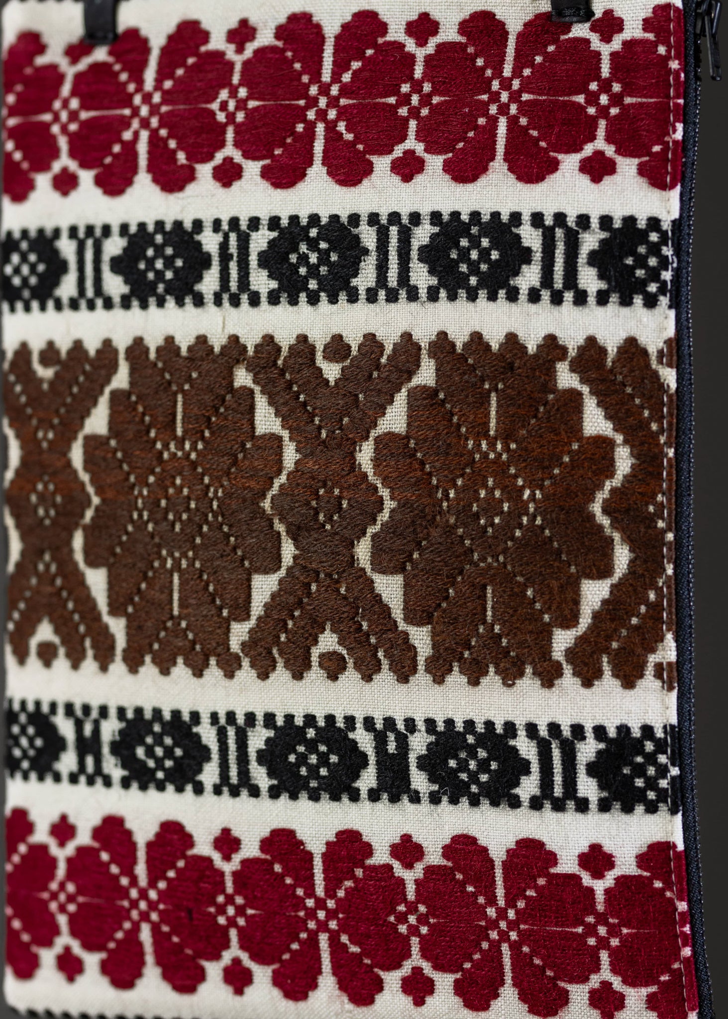 Close-up of the traditional motif on FTLO's handwoven clutch with earthy brown and red patterns.