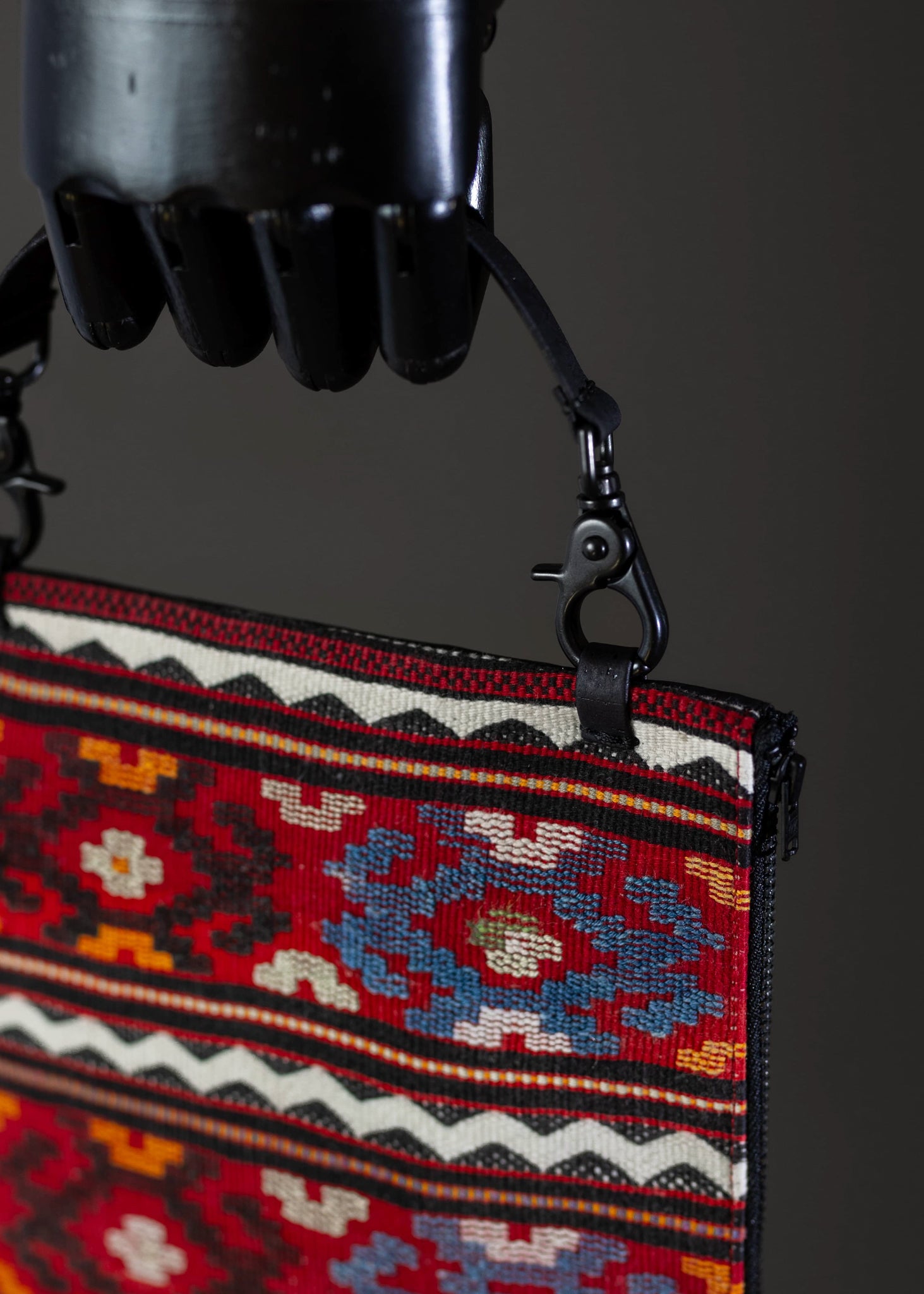 Detail of FTLO clutch, featuring multicolor geometric embroidery and cultural artistry.