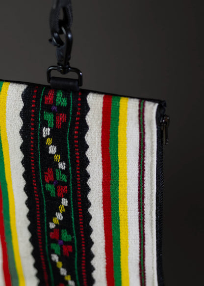 Detail view of FTLO bag's  colorful striped patterns and embroidery.